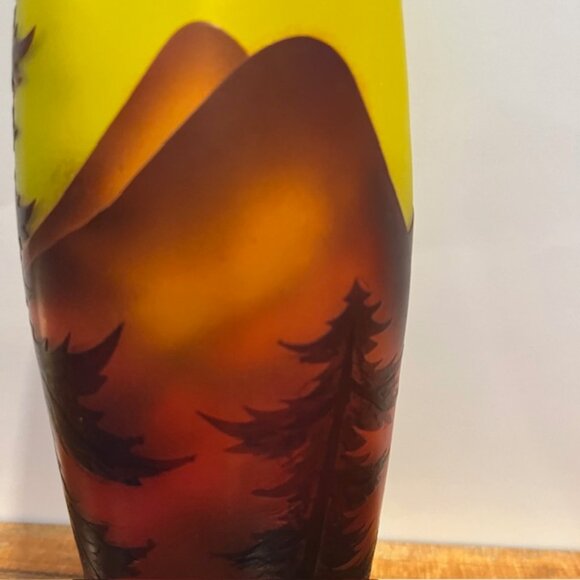 Yellow Cameo Glass Vase with Mountain Scene and Trees - Picture 6 of 9